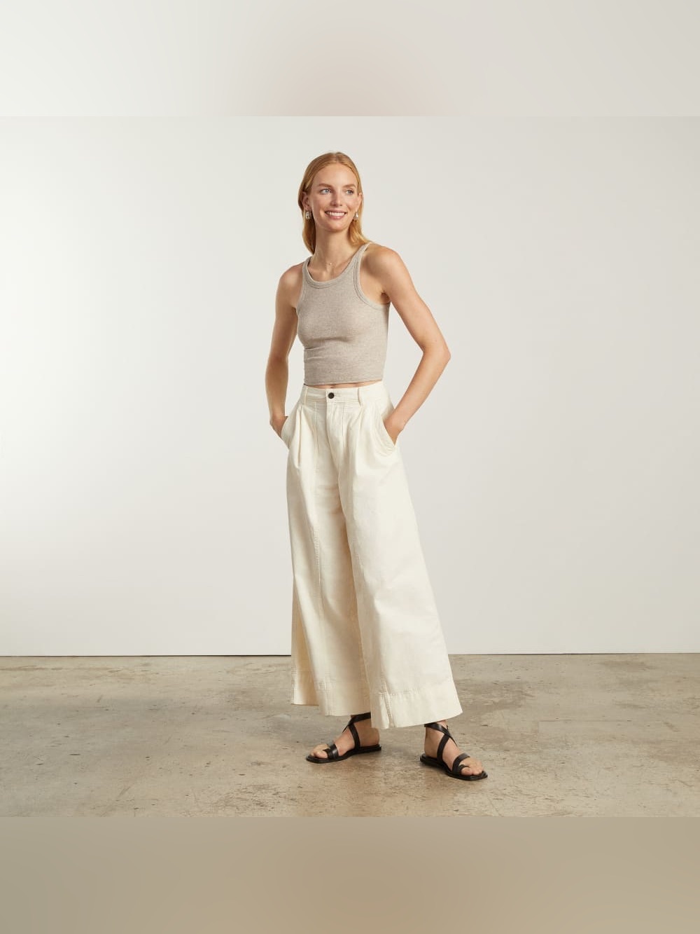 Everlane Pants Womens 8 Bone High Rise Pleated Wide Leg Organic Cotton